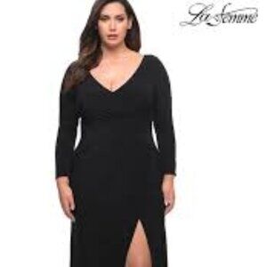 La Femme Curve Faux Wrap Gown Dress Black Side Slit Long Sleeve Women Size 16